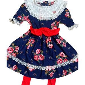 Vintage Randi Tara Dress Girls Size 6 Navy Blue Floral 100% Cotton Lace Red Sash